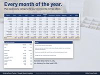 Year Summary tab with Sample data: every month of the year with visits, sales, commission, expenses, net and miles, plus expenses by category and notes.