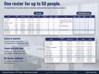 Employee roster tab for up to 50 staff with ID, department, hire date, Active or Inactive status, policy, carryover and tardy, left early and days off counts