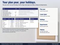 Setup tab of a PTO tracker spreadsheet with plan year start, hours per workday, Hours or Days display, leave types and codes, company holidays and departments