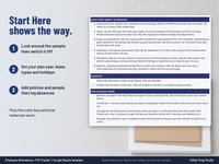 Start Here tab of an employee PTO tracker with quick start steps, a color key and how balances work, next to three numbered setup steps