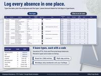 Attendance log tab of an employee attendance tracker spreadsheet with date, end date, employee, type and amount columns that you type and calculated columns, plus 8 leave types with codes
