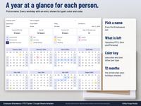 Yearly time off calendar for one employee with month grids, leave type colors and codes, a legend and remaining balance tiles in a Google Sheets PTO tracker