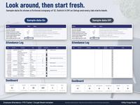 Side by side Setup, attendance log and dashboard with sample data On for a fictional company of 12 employees and sample data Off with blank tabs