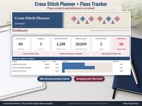 Cross stitch planner and floss tracker dashboard in Google Sheets with threads owned, projects in progress, stitches this month and year, finishes, need to buy, current streak and Focus projects with progress bars