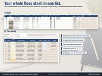 Floss tracker spreadsheet listing thread numbers that match DMC floss numbers with color description, family, shade, swatch, skeins, Have it and In cart ticks, plus a By Color Family view with filters