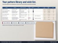 Cross stitch pattern library and wish list spreadsheet with designer, where it came from, Own or Wish list, Kitted ticks, In Projects and project status
