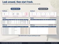 Side by side cross stitch planner with sample data On showing fictional projects, stitches and totals, and sample data Off showing an empty dashboard, projects and stitch log ready for your own data