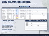 Transactions tab of a real estate commission tracker with property address, client, side, source, stage, dates, sale price and commission terms for 16 sample deals