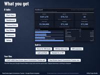 What you get: six tabs, dark mode dashboard, room for 300 deals, 100 key date rows and 500 expenses, Light and Dark, sample switch, xlsx file and START HERE PDF