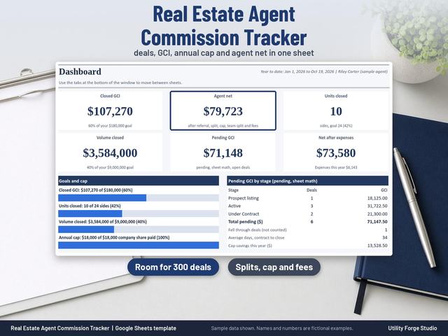 Real estate agent commission tracker spreadsheet dashboard in Google Sheets with closed GCI, agent net, units, volume, pending GCI, goal progress bars and annual cap