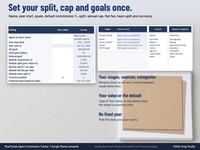 Setup tab of a commission tracker spreadsheet with goals, default commission, split, annual cap, flat fee, team split, currency, editable stages, sources and expense categories