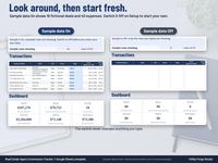 Side by side Setup note, transactions and dashboard tiles with sample data On for 16 fictional deals and with sample data Off showing blank tabs