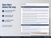 Start Here tab of a real estate commission tracker with seven quick start steps and how the commission math works, next to three numbered setup steps