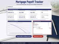 Mortgage payoff tracker spreadsheet dashboard in Google Sheets with current balance, projected payoff dates with and without extra, months sooner, balance chart and statement check