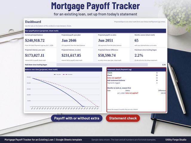 Mortgage payoff tracker spreadsheet dashboard in Google Sheets with current balance, projected payoff dates with and without extra, months sooner, balance chart and statement check