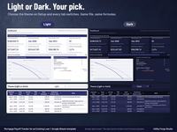 Same mortgage payoff tracker dashboard and payment log in Light mode and Dark mode, with the Setup theme row set to Light and to Dark