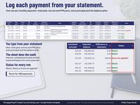 Payment Log tab of a mortgage payoff tracker with payment date, total paid, escrow, PMI, extra principal, statement balance and a Status column showing Match or Extra not applied