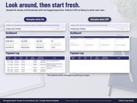 Side by side mortgage tracker with sample data On showing a fictional loan and six logged payments, and sample data Off showing blank tabs ready for your own statement
