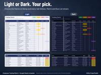 The same Training Matrix and Due List tabs shown in the Light theme and the Dark theme side by side.