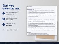 Start Here tab with quick start steps and what each tab does, next to three simple steps: look around the sample, set up trainings and roles, then add people and log trainings.