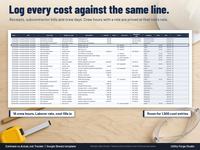 Actuals Log tab listing each receipt, subcontractor bill and crew day against a job and cost code, with crew hours priced at the role's hourly rate and a receipt number column.