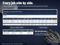 All Jobs tab comparing three sample jobs side by side with contract, revised budget, actual to date, percent spent, projected margin and an OK or WATCH status, plus the jobs list on the Setup tab.