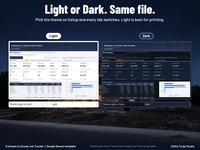 The same Job Summary in the Light theme and the Dark theme, switched with one Theme dropdown on the Setup tab.