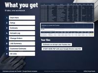 What you get: eight tabs (Start Here, Setup, Estimate, Actuals Log, Change Orders, Job Summary, Customer Estimate, All Jobs), an Excel xlsx file and a START-HERE PDF with the Google Sheets copy link.