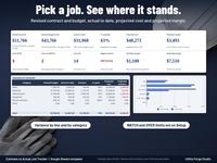 Job Summary dashboard with contract, budget, actual to date, projected cost and projected margin, lines over budget, pending changes, a variance by category table and a budget vs actual bar chart.