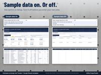 Side by side comparison of the template with sample data switched On and Off on the Setup tab: Job Summary and Estimate filled with example rows, then blank and ready for your own jobs.