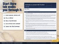 Start Here tab with quick start steps for the contractor estimate tracker, next to a five step checklist: look around, sample off, fill in Setup, build the estimate, log actuals and changes, check the Job Summary.