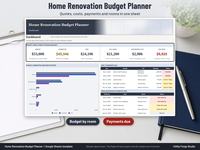 Home renovation budget planner spreadsheet dashboard in Google Sheets with budget, committed, paid, still owed, contingency left and due soon tiles, a chart by room and the next payments due