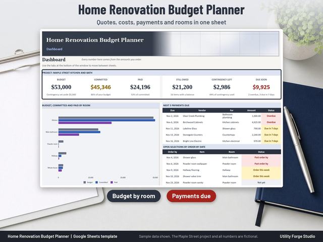 Home renovation budget planner spreadsheet dashboard in Google Sheets with budget, committed, paid, still owed, contingency left and due soon tiles, a chart by room and the next payments due