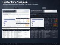 Same home renovation budget planner dashboard and payments tab in Light mode and Dark mode, with the Setup theme row set to Light and to Dark