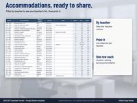 Accommodations tab of a SPED caseload spreadsheet listing student, teacher, setting and accommodation, ready to filter by teacher and print
