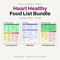 Heart Healthy Food List Bundle cover showing the Low Cholesterol, High Fiber and Anti-Inflammatory wall charts side by side, 3 printable food lists, 27 pages, US Letter and A4