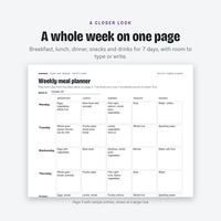Weekly meal planner page with breakfast, lunch, dinner, snacks and drinks for each day, shown with sample entries