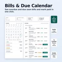 Offline budget dashboard HTML app Bills tab for October 2026 showing 1 overdue bill, 2 due soon, 5 paid, the monthly due date calendar and Mark paid buttons.