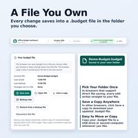 Offline budget dashboard HTML app Your budget file panel showing Sample Budget saved at 12:00 PM with Save now, Open file, Save a copy, Backup now and Restore buttons.