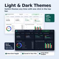 Offline budget dashboard HTML app showing Light theme and Dark theme side by side on the October 2026 Overview tab with 5,070.00 dollars income and 70 percent budget used.