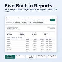Offline budget dashboard HTML app Reports tab showing the report picker, month range, CSV export buttons, Print button and the October 2026 Monthly summary table.