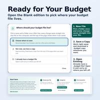 Offline budget dashboard HTML app Blank edition first run setup dialog asking where your budget file should live above the Start here three step welcome banner.