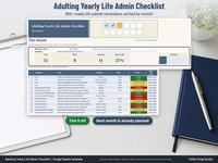 Adulting yearly life admin checklist spreadsheet in Google Sheets, This Month tab with due, done, overdue and done so far counts, a done bar and lines grouped by category with Overdue, Due this month and Done status
