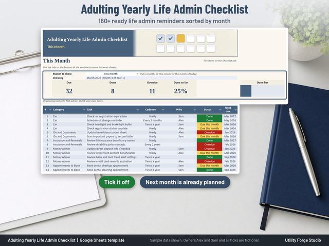 Adulting yearly life admin checklist spreadsheet in Google Sheets, This Month tab with due, done, overdue and done so far counts, a done bar and lines grouped by category with Overdue, Due this month and Done status