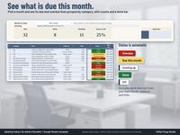 Life admin This Month view with due, done and overdue counts, a done bar and a list of lines with automatic status: Overdue, Due this month, Coming up, Done or Off