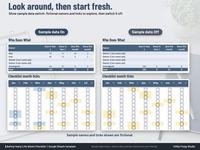 Side by side life admin checklist with sample data On showing fictional owners Alex and Sam and sample ticks, and sample data Off showing a blank start