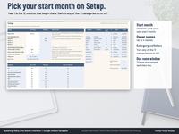 Setup tab of a yearly life admin checklist with start month, year label, owner names, Due soon window, theme, sample switch and on or off switches for 11 categories