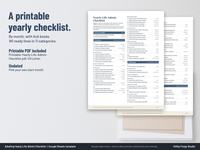 Printable yearly life admin checklist PDF pages, US Letter, with lines listed by month under each category and a tick box for each line