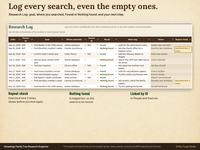 Research Log tab of a genealogy spreadsheet with search date, person ID, goal, where searched, Found or Nothing found, next step and a repeat check showing Searched here 2 times