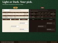 Same genealogy research organizer spreadsheet in Light theme and Dark theme side by side, showing the Family Group tab and the Pedigree chart for a fictional sample family